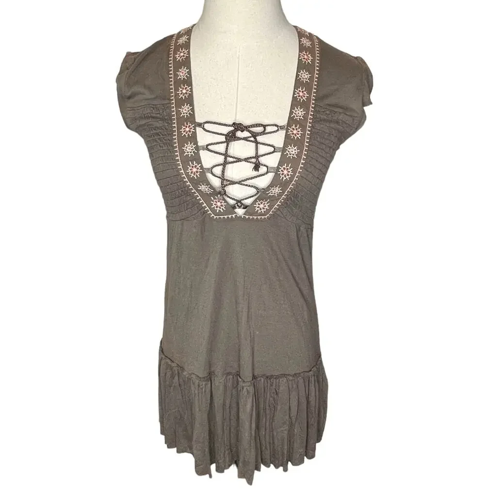 Free People Size XS Minidress Lace Up Bodice Embroidered Smocked Tiered NWT
